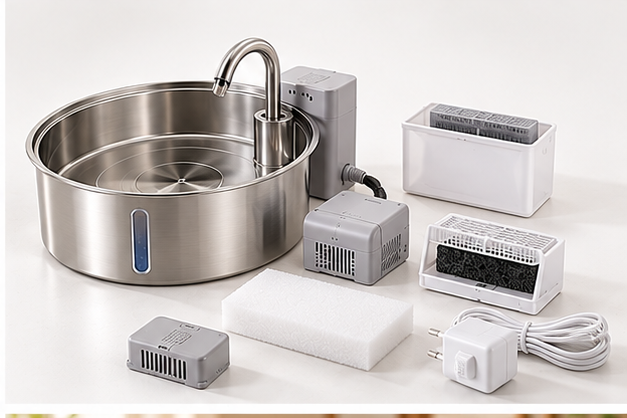 Vetsuno SmartFlow 7L pet fountain with pump, filter components and power adapter