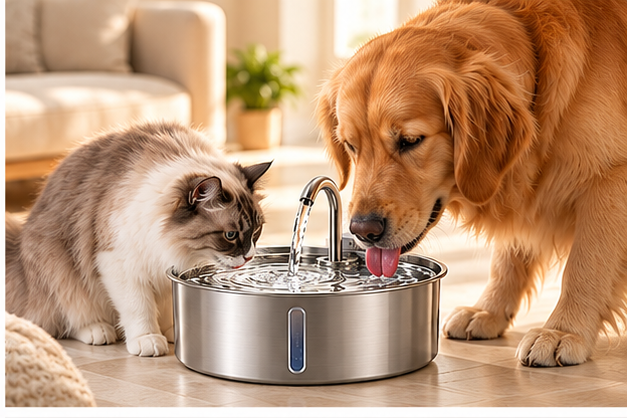 Vetsuno SmartFlow 7L pet fountain with cat and dog in a bright home