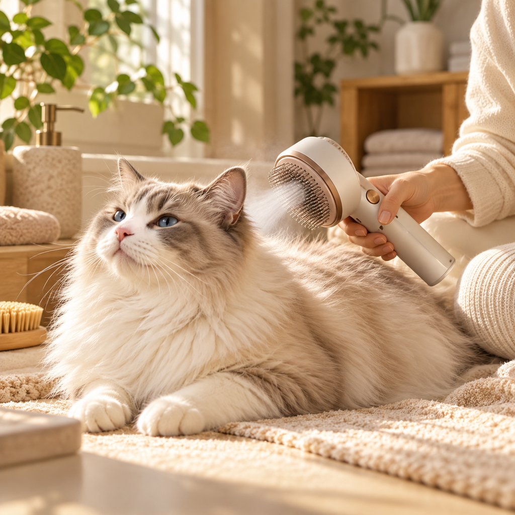 Vetsuno SteamBrush pet massage comb with fine mist used on a relaxed long-haired cat