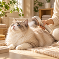 Vetsuno SteamBrush pet massage comb with fine mist used on a relaxed long-haired cat