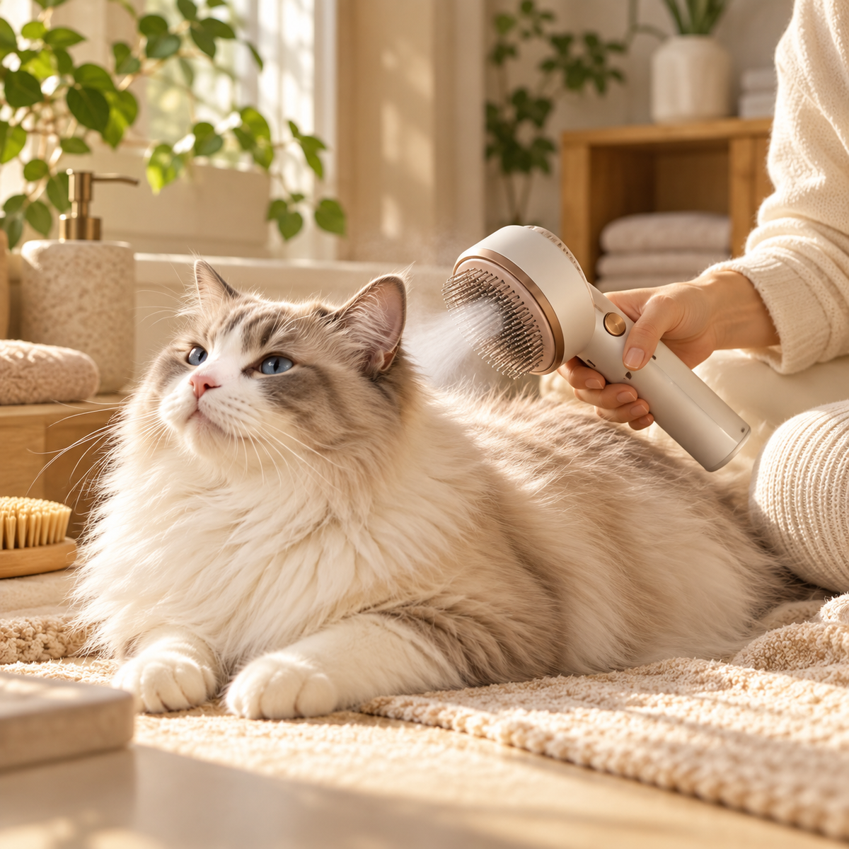 Vetsuno SteamBrush pet massage comb with fine mist used on a relaxed long-haired cat